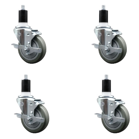 Service Caster 4'' SS Gray Poly Swivel 1-1/2'' Expanding Stem Caster Set with Brake, 4PK SCC-SSEX20S414-PPUB-TLB-112-4
